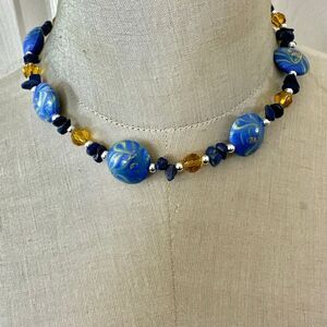 Latasia Blue Swirl Bead & Lapis Chip Statement Necklace
